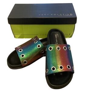 Very Volatile Womens Lenny Slides Sandals Black Rainbow Rave Slip Ons US 8 NEW